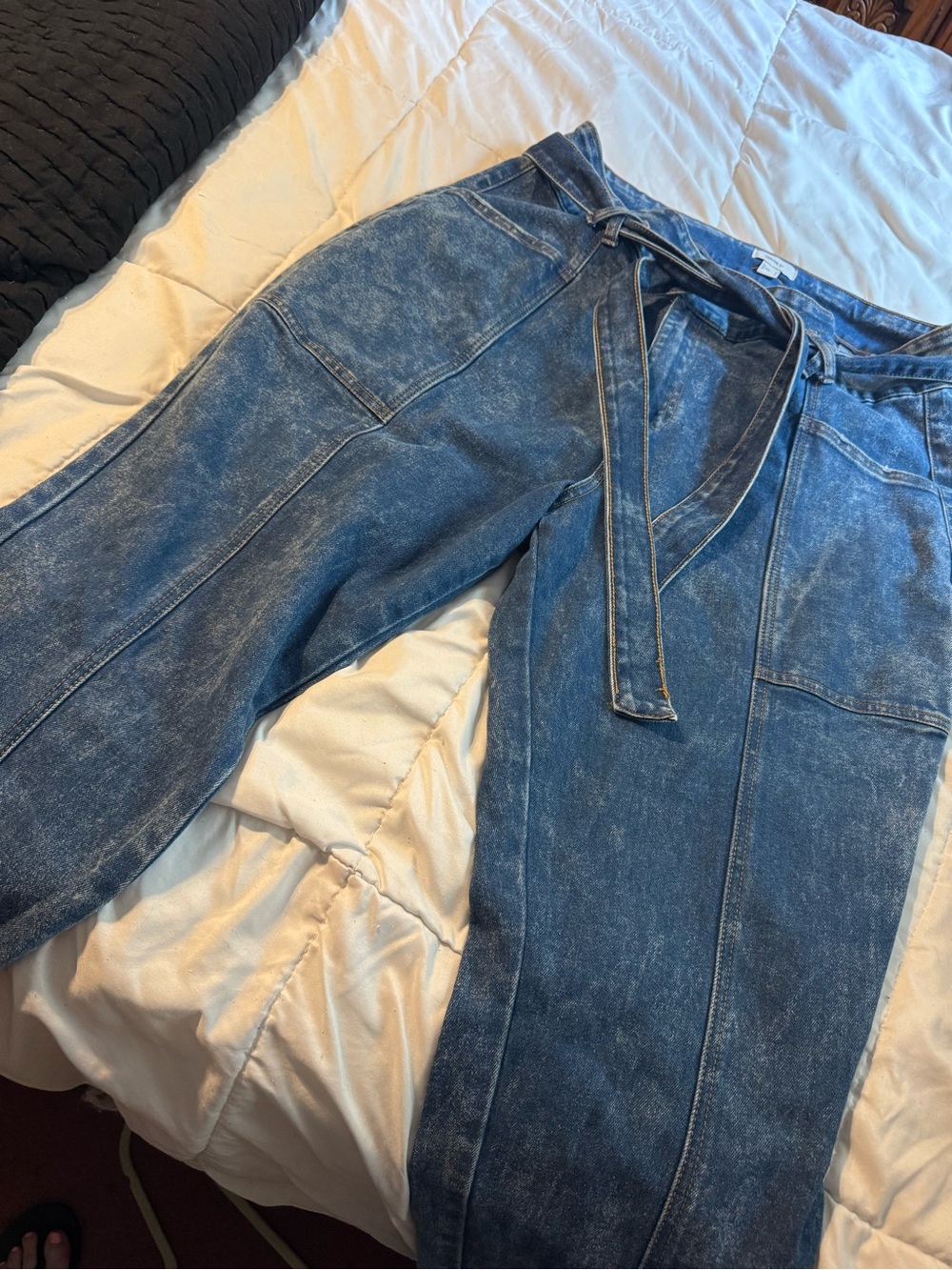 Washed Blue Denim Tie-Waist Jogger Jeans